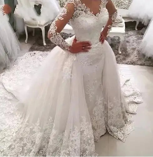 Robe De Mariage Luxury Mermaid Lace Wedding Dress with Detachable Train Removable Skirt Lace Wedding Gown 2022 Vestido De Noiva