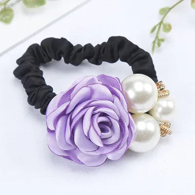 Fashion Women Rose Elastic Scrunchies Hair Bands Big Flower Rhinestones Pearls Flower Hair Rope Rubber Ponytail Hair Accessories