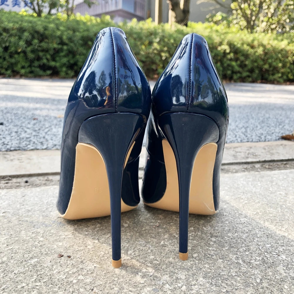 Tikicup Women Navy Blue Patent Pumps Low Cut Pointy Toe Stilettos Elegant Ladies Formal Slip On High Heels Fashion Dress Shoes