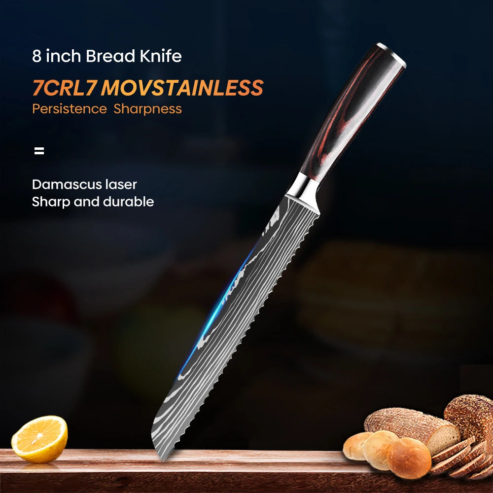 Kitchen Bread Knife Serrated Design Laser Damascus Stainless Steel Blade 8 Inch Chef Knives Bread Cheese Cake Tool