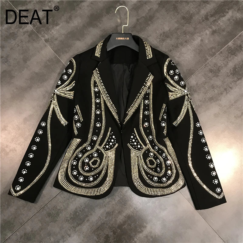 DEAT 2024 New autumn Turn-down Collar Full Sleeves Metal Beaded No Buttons Short jackets Female Single Suit WF18501L Black