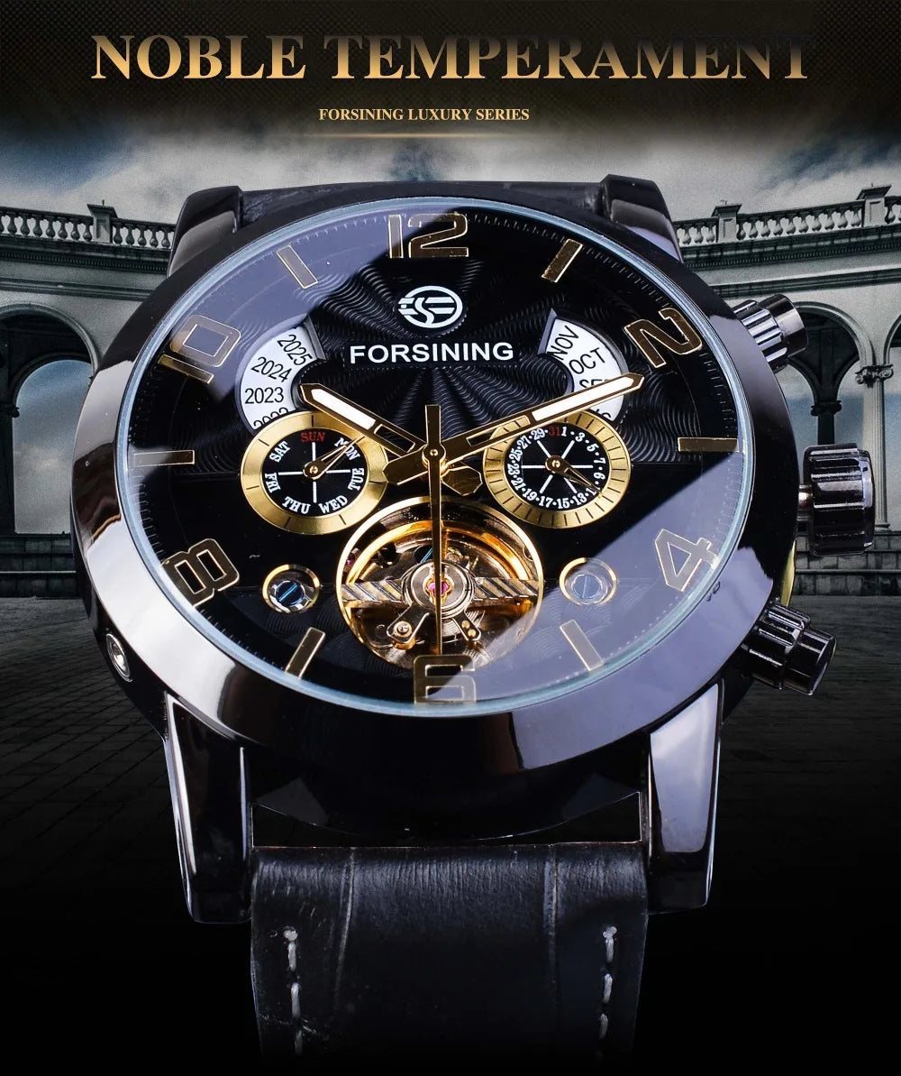 Forsining Top Brand Luxury Tourbillion Mens Automatic Mechanical Watches Fashion Wave Black Golden Clock Multi Function Display
