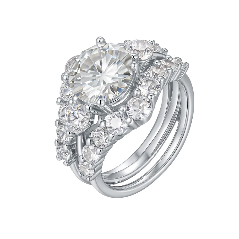Luxury S925 Sterling Silver Round Brilliant Cut Moissanite Wedding Engagement Ring Set