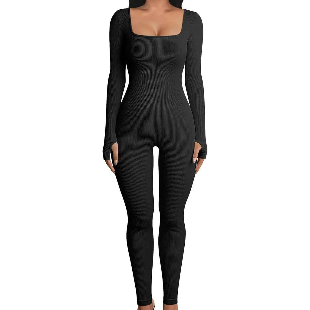 Elevate Women Spandex/Polyester Ribbed Long Sleeve Yoga Jumpsuit Full Length Square Neck Workout Solid Color