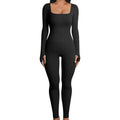 Elevate Women Spandex/Polyester Ribbed Long Sleeve Yoga Jumpsuit Full Length Square Neck Workout Solid Color