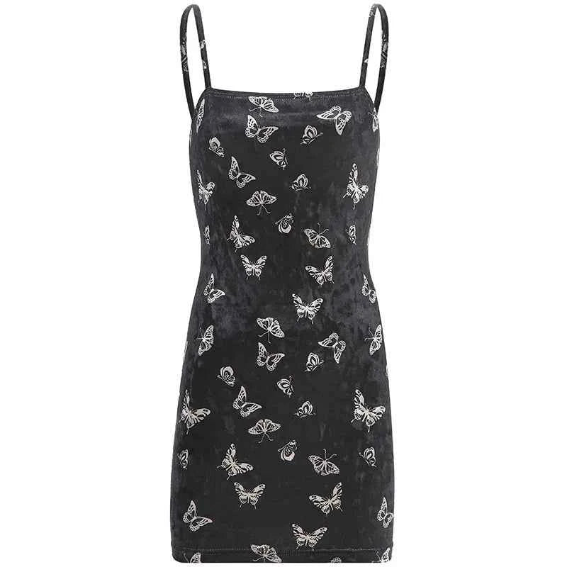 Harajuku Black Dress Women Gothic Spaghetti Strap Backless Off Shoulder Dresses Female Fashion Casual Print Sexy Dress