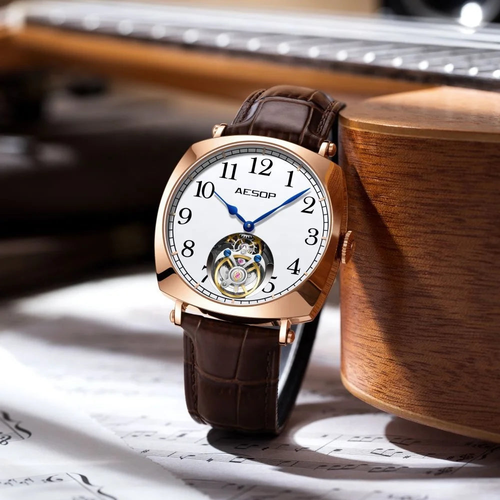 AESOP Flying Tourbillon Watch for Man Skeleton Design Leather Straps Luxury Brand Mechanical Watches