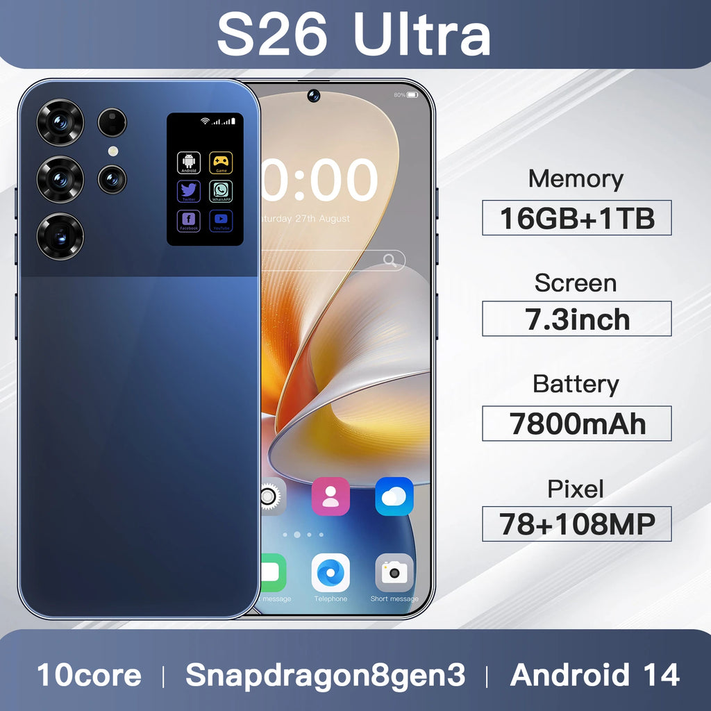 Original S26 Ultra 7.3 Inch Smartphone 16GB+1TB Unlocked Dual Card 5G Android 14 Decacore HD Dual SIM Mobile Phone for Gaming