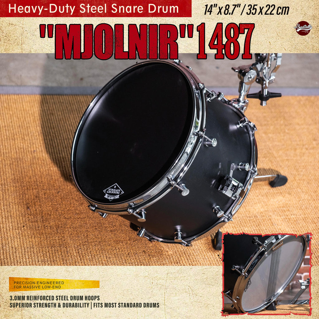 Beatello | Factory Direct | 14"x8.7" Heavy Steel Snare 3.0mm Reinforced Hoops | Rock/Metal Drum Kits | Pro Upgrade | Black