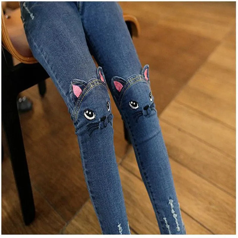 2026 Fashion Girl Jeans Cartoon Cat Jeans Print Blue Skinny Jeans Hole Pants Classic Chic Pants 3-11Y