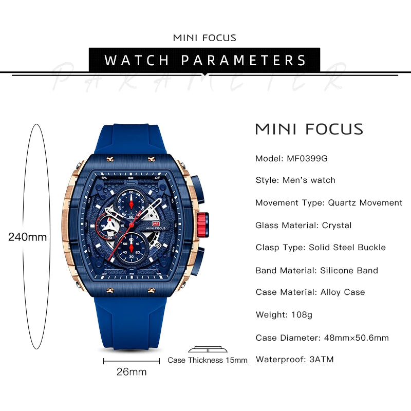 MINI FOCUS 0399 New Silicone Men Watch Business Casual Calendar Quartz Watches Sport Waterproof Luminous Men's Wristwatches