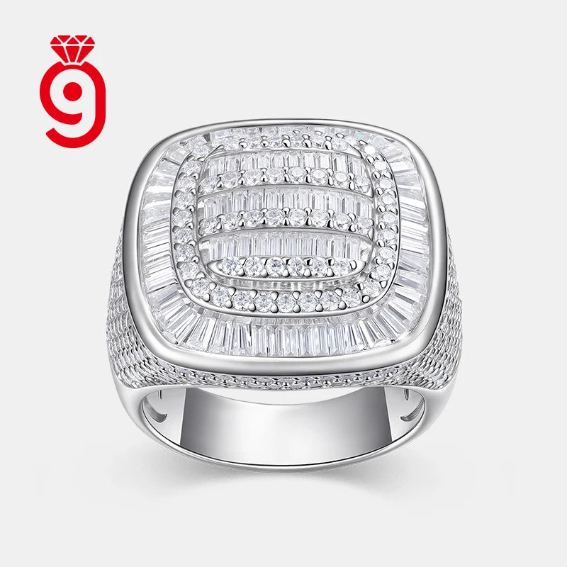Cushion-Shaped Multi-Cut Full Pave Signet Ring Round & Tapered Baguette Moissanite S925 Sterling SilverHip Hop  Ring
