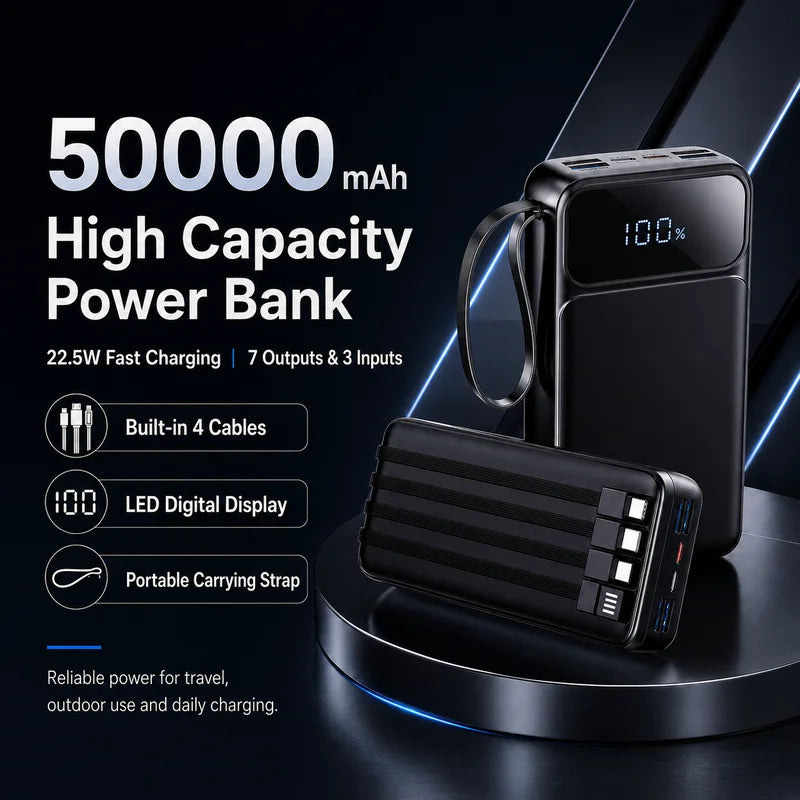 US Stock Free Shipping 30000mAh 50000mAh Power Bank LED Display Fast 22.5W Charging Portable Power Bank with Carry Strap