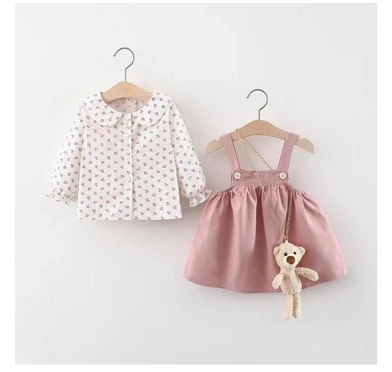 Autumn Baby Girls Clothes Outfits Toddler Princess Flower T-Shirt+ Strap Dress Suits for Girls Clothing 1 Year Birthday Set