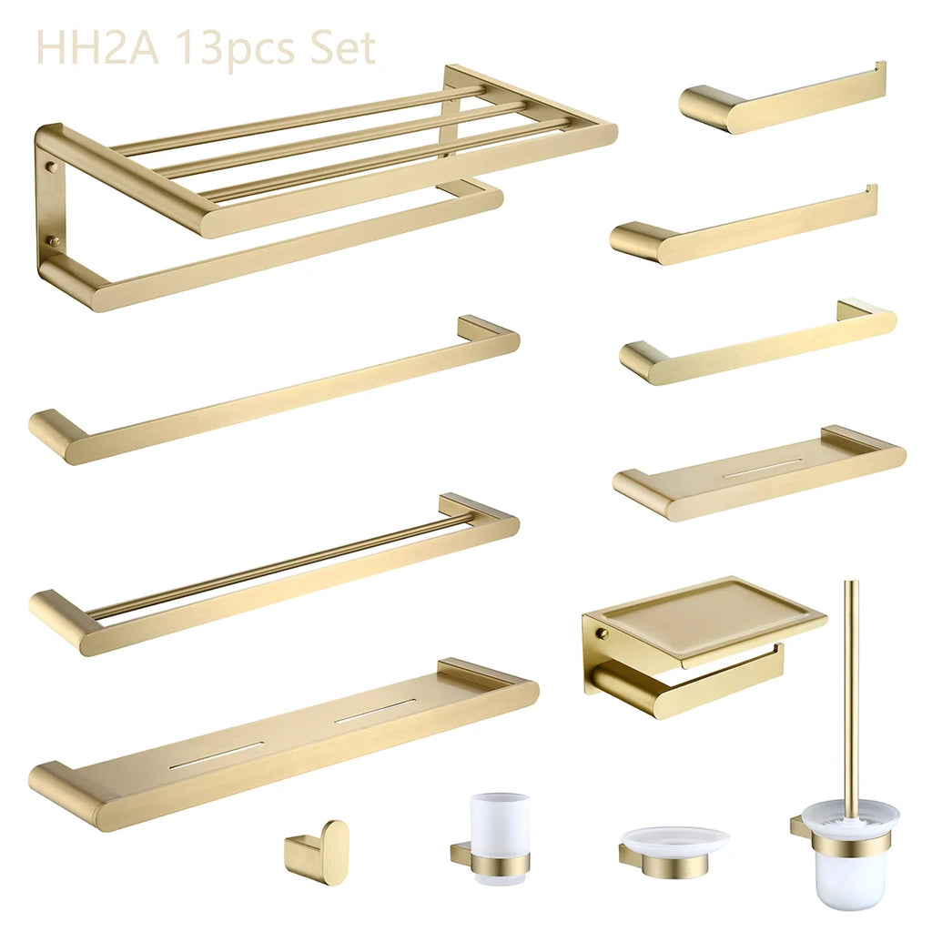 Luxury Wall Mounted Brushed Gold Bathroom Accessories Set Stainless Steel Towel Bar Set Hardware Accessories