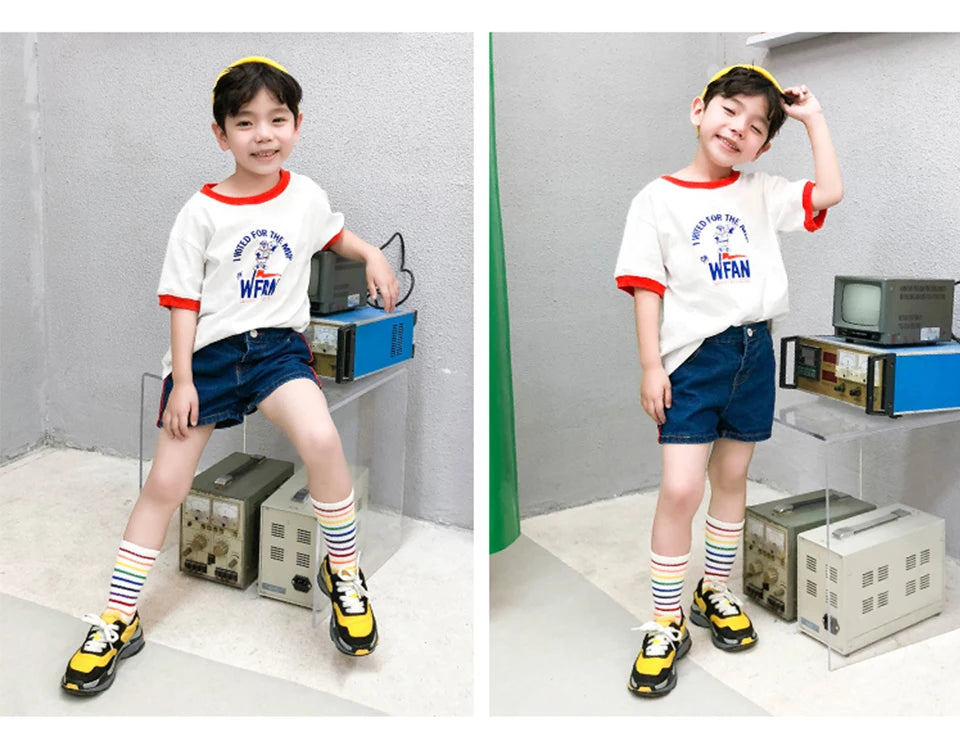 Kids Knee High Rainbow Socks Spring Summer Toddler Child Girls Boys Cotton White School Socks Stripe Long Sock Baby Accessories