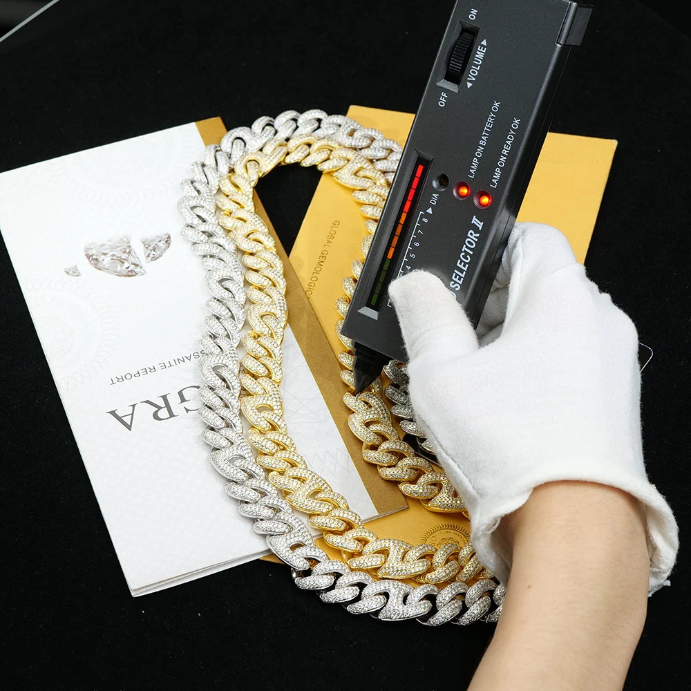Miami Mossanite Jewelry Hip Hop Unisex Necklace 925 Sterling Silver Vvs Certified 15mm Piggy Cuban Link Moissanite Diamond Chain