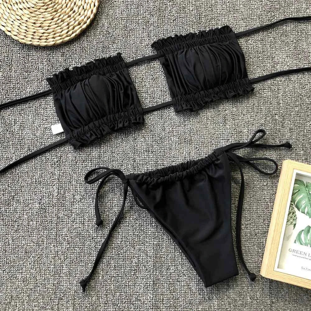 Sexy Bikini 2025 Pleated Bandeau Swimsuit Female Swimwear Women Mini Thong Bikini Set Bather Swimming Beachwear for Bathing Suit