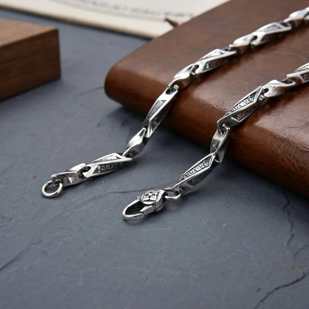 BOCAI S925 Silver Six-Character Mantra Bracelet for Men Retro Irregular Link Chain for Individual Fashion Necklace for Men