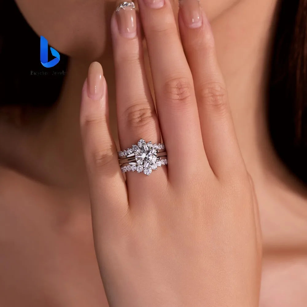 Luxury S925 Silver Wedding Set Prong Set Round Brilliant Cut Moissanite Engagement Ring