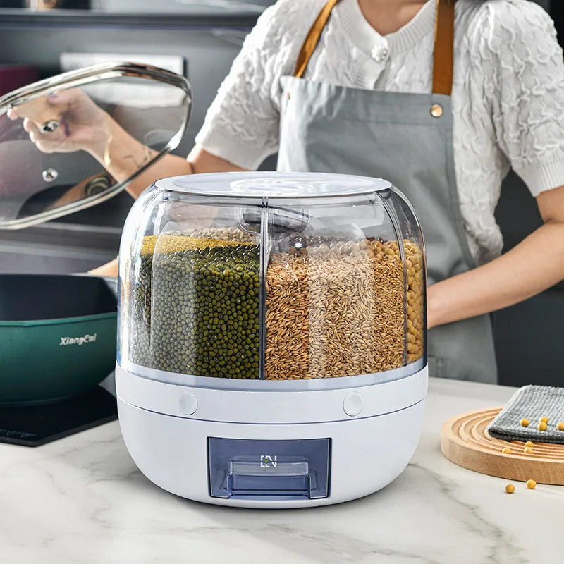 Best Seller Rice Container Kitchen Moisture-Proof 6-Grid Rotating Food Grain Dispenser Cereal Glossy Storage Box