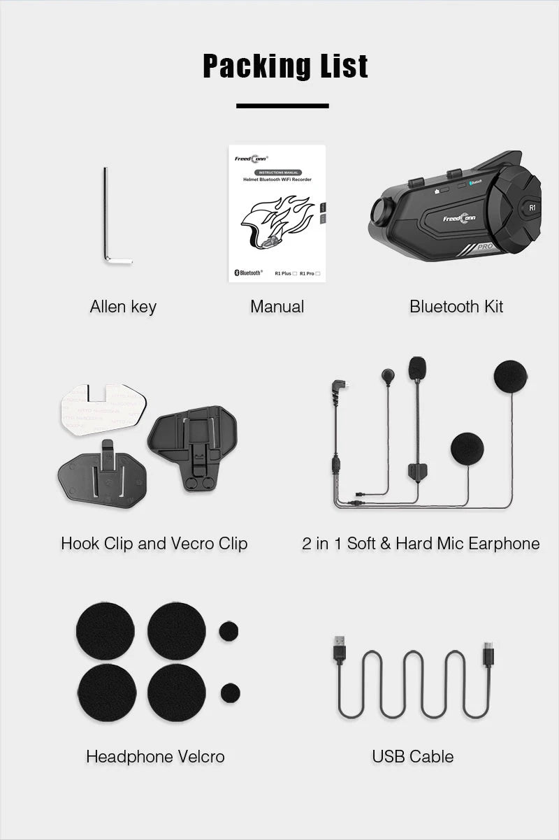 FreedConn R1 PRO for Helmet Camera Intercom 2k 1000M Motorcycle WiFi Rider-to-Rider Communication Noise Cancellation