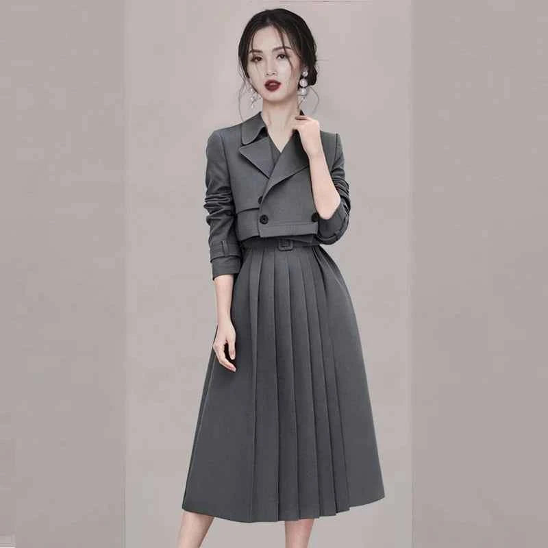 Fashion Women Wear 2 Piece Set Office Ladies Pleated Skirt Long Sleeve Blazer Dress