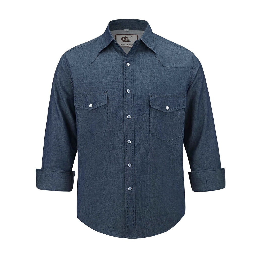 Mens Denim Western Cowboy Causal Pearl Snap Button up Long Sleeve Regular Fit Shirts