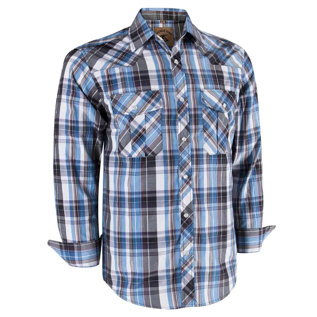 Men's Western Pearl Snap Button up Casual Cowboy Long Sleeve Two Pockets Work Plaid Shirts