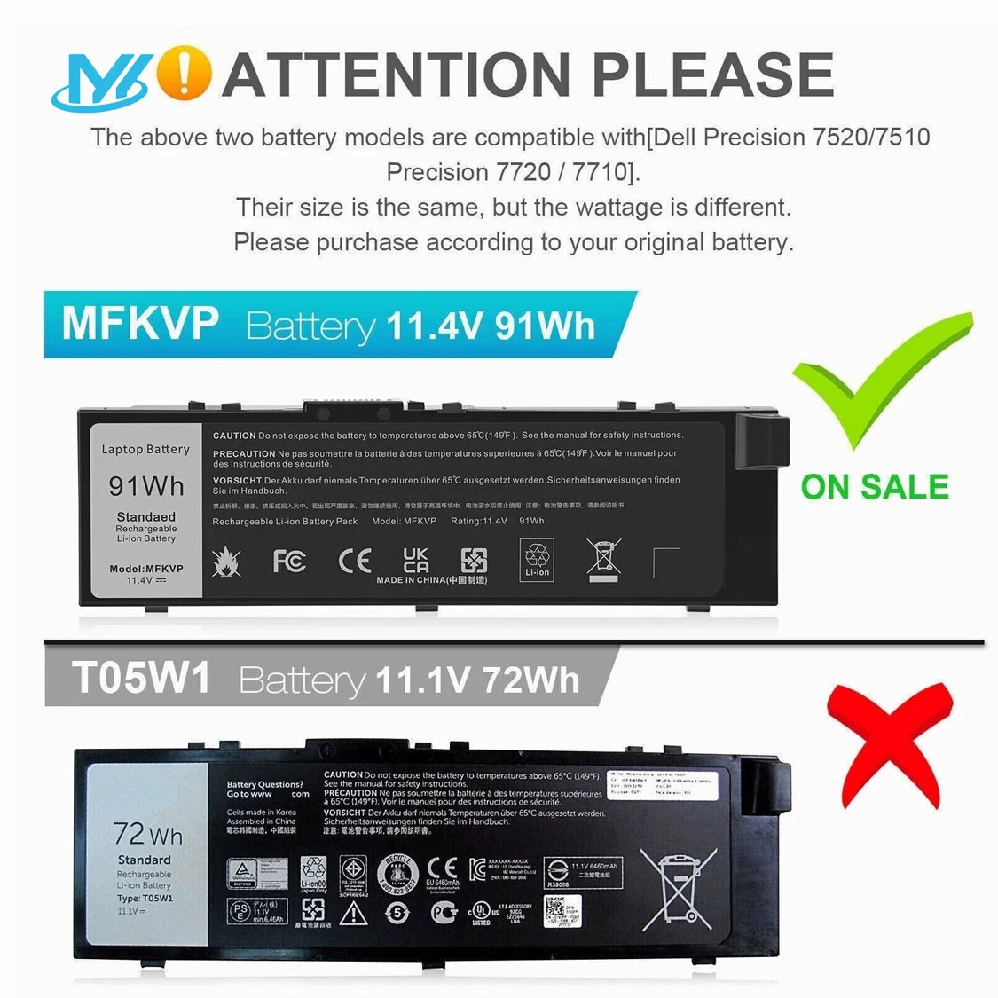 USA in Stock MYiYAE 11.4V 91Wh Lithium Ion MFKVP Laptop Battery for Dell Precision 15 7510 7520 M7510 17 7710 7720 M7710 Series