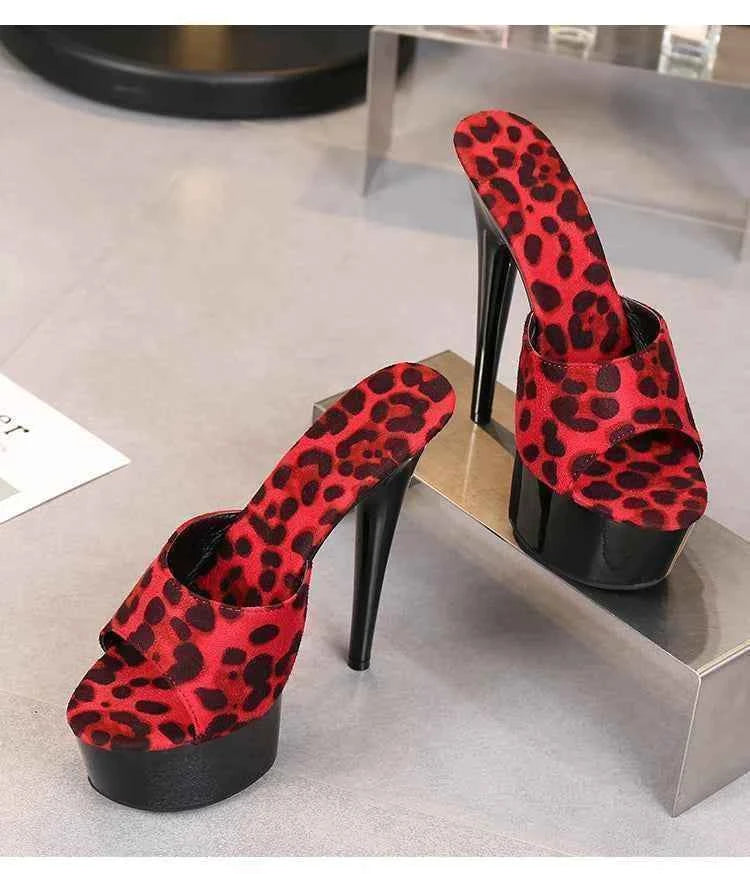 Voesnees Summer Slippers Women 2021 High Heels 15cm 17 CM Leopard Print Slip-On Platform Slides Sexy Catwalk Shoes Club Sandals