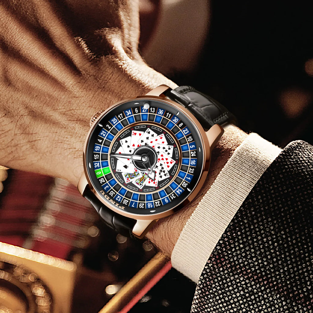 Jacob Player Series Poker Roulette Men's Watch Leather Strap Steel Case Automatic Luminous Mechanical 3ATM Water Analog