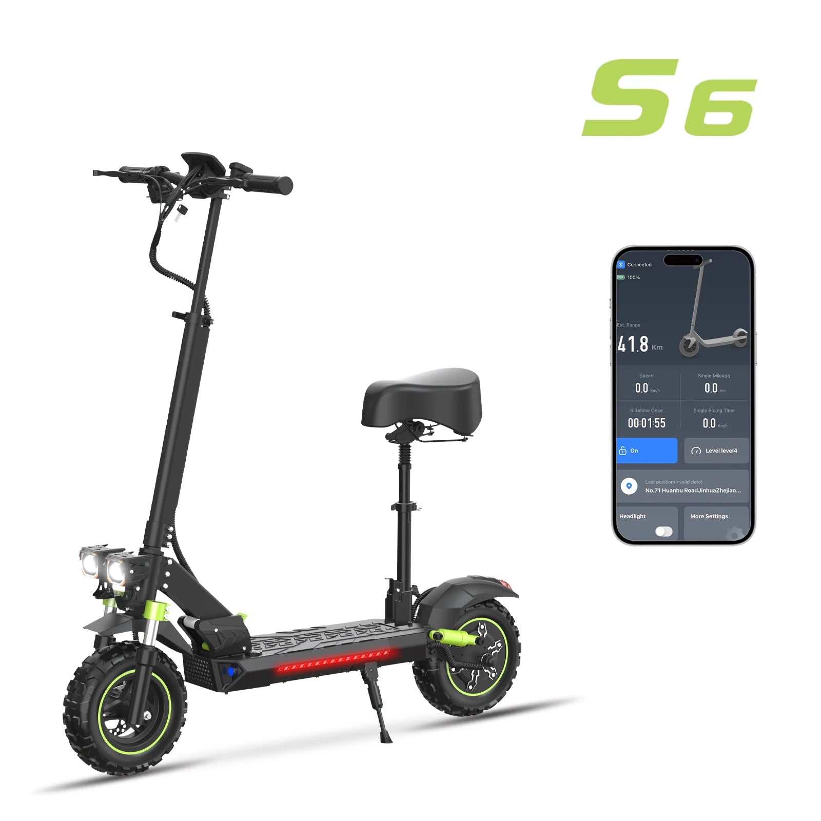 Free Shipping US Warehouse  S6 Electric Scooter with Seat, APP, 48V1200W Brushless Motor  Max Range  55km, Adult E-scooter