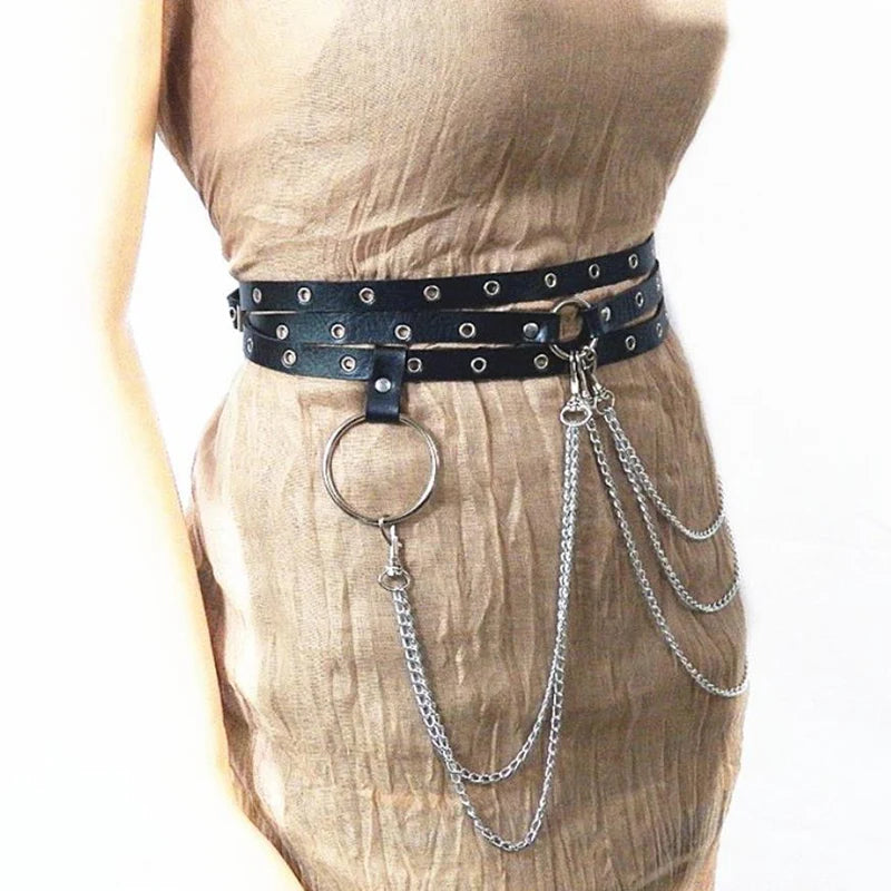 Female Leather Skirt Belts Punk Gothic Rock Harness Waist Metal Chain Body Bondage Hollow Belt Accessories For Lady