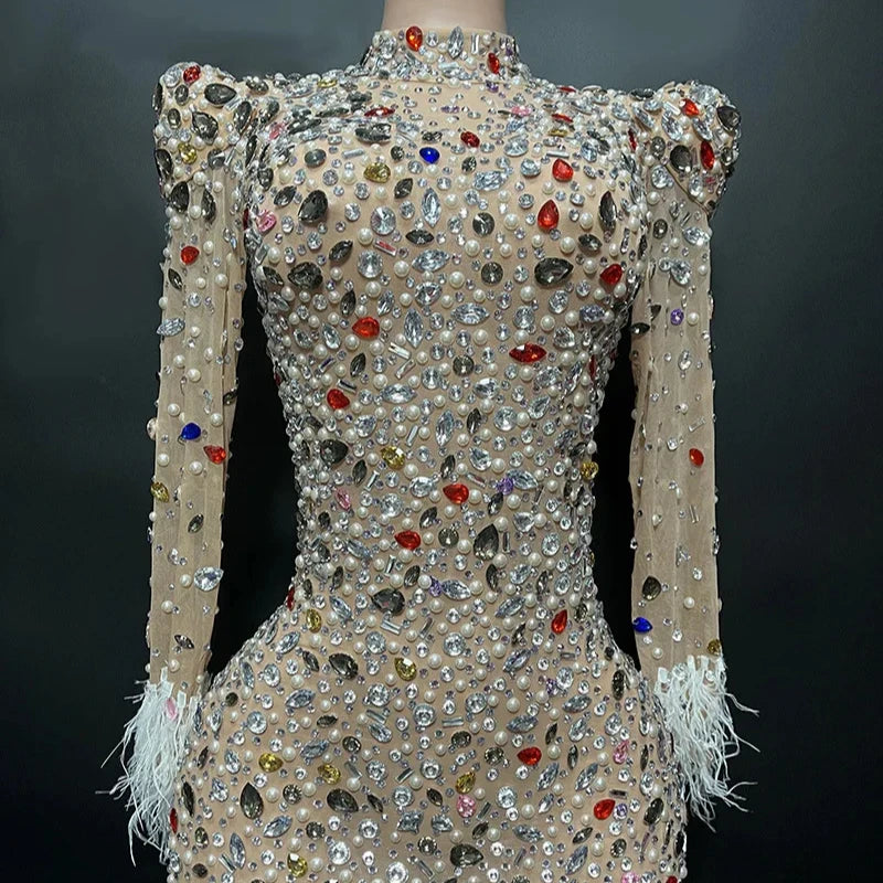 2024 Dropshipping Crystal Pearl Beading Feathers Women Gowns Evening Dresses High End Dress