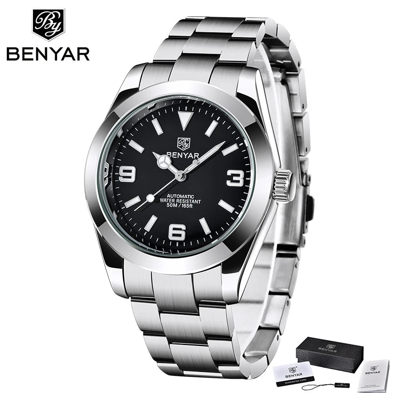 BENYAR Luxury Men Mechanical Wristwatches Stainless Steel Sports Men Automatic Watches 50ATM waterproof Clock
