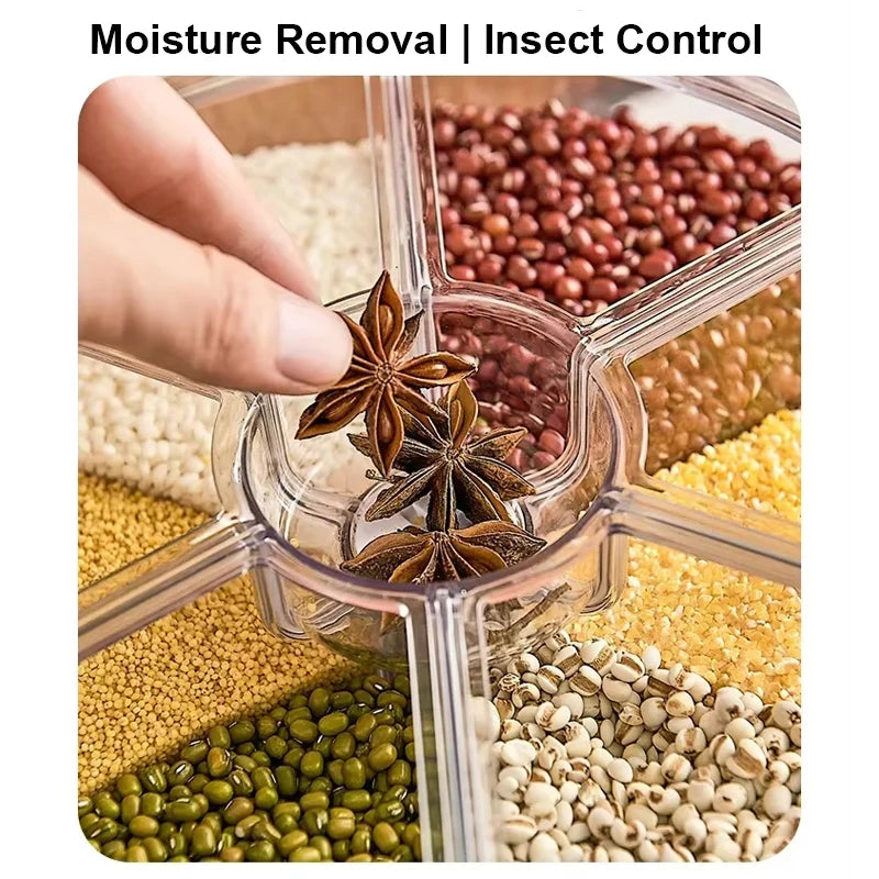 Best Seller Rice Container Kitchen Moisture-Proof 6-Grid Rotating Food Grain Dispenser Cereal Glossy Storage Box