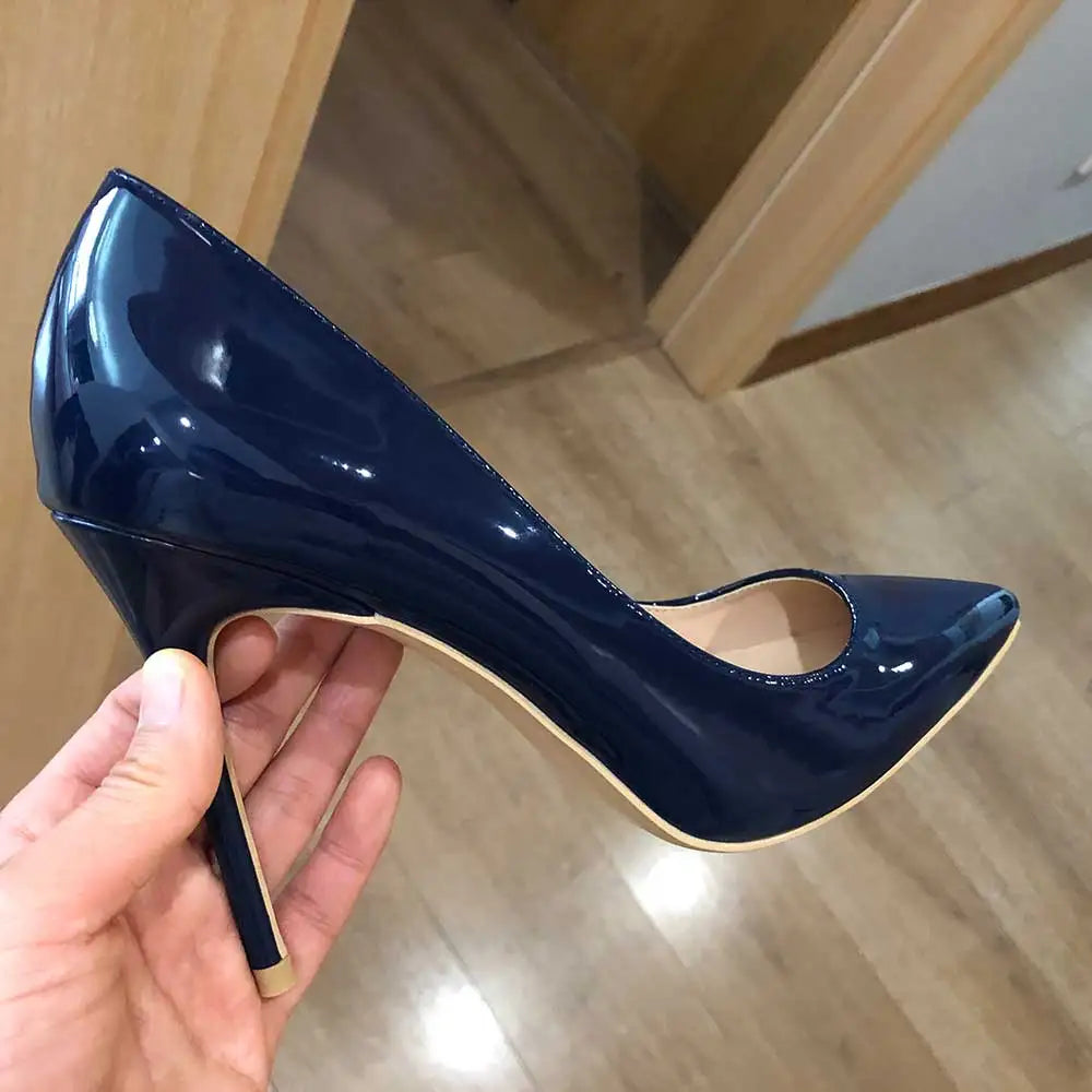 Tikicup Women Navy Blue Patent Pumps Low Cut Pointy Toe Stilettos Elegant Ladies Formal Slip On High Heels Fashion Dress Shoes