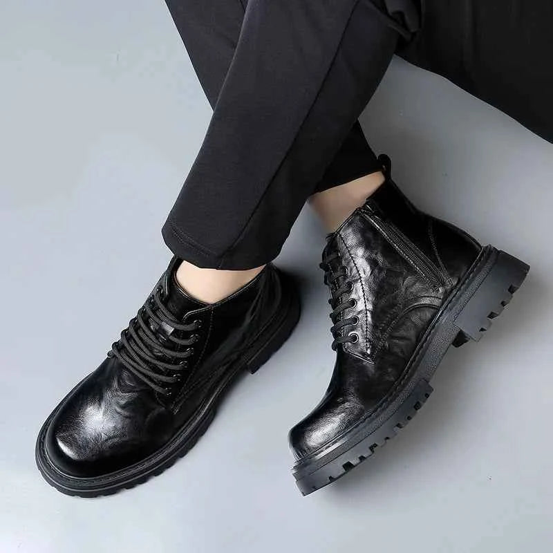 Custom Logo British Style Motorcycle Boots Slip-On Ankle Height Dress Shoes Black Light for Four Season