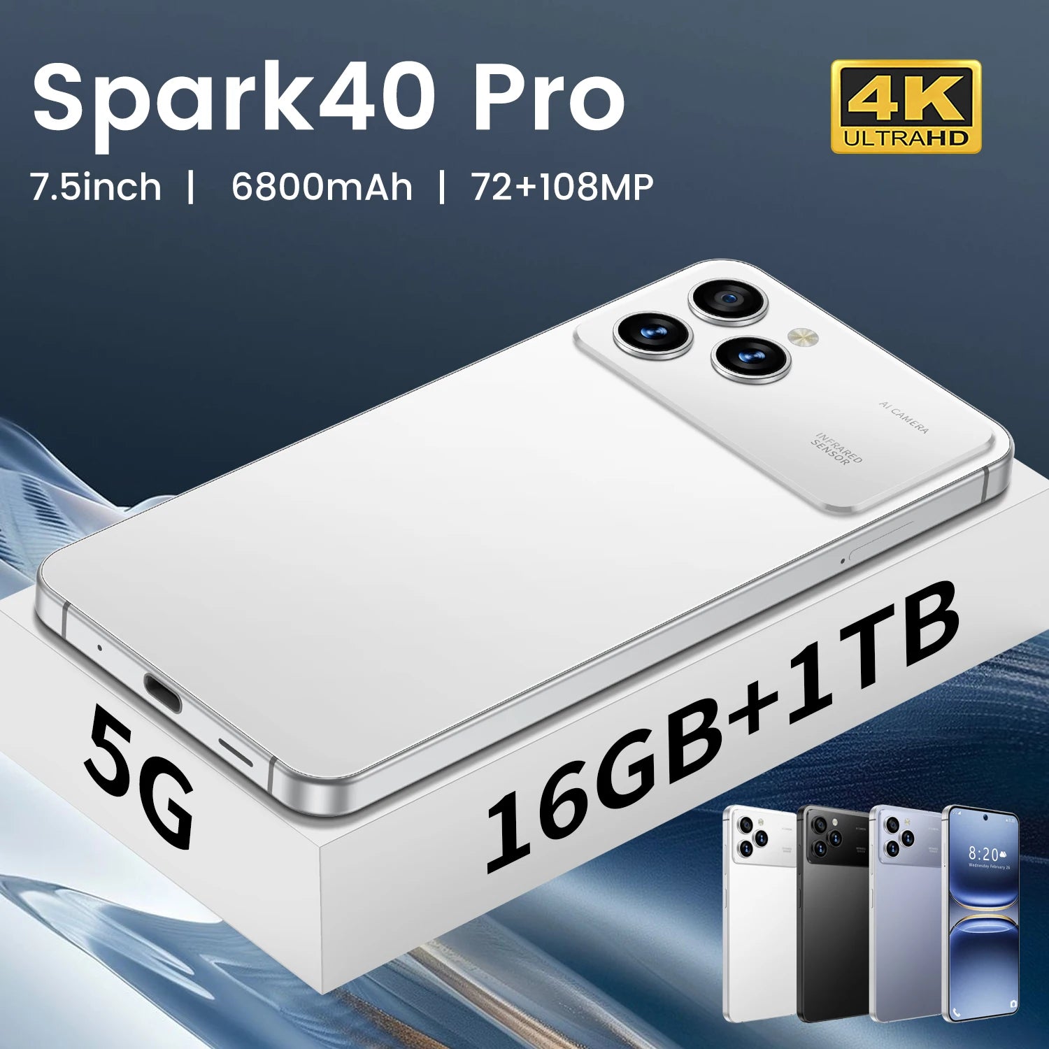 Economical Spark40 Pro Smartphone-7.3" HD Display 108MP Camera Dual SIM 4G LTE Android 14 16GB/1TB Waterproof Spanish Support