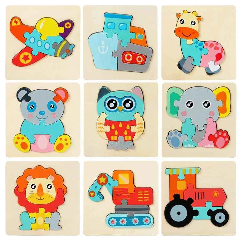Montessori Toys 3D Puzzle Cartoon Animals Vehicle Cognitive Jigsaw Puzzle Wooden Toys for Children Baby Puzzle Game Gift