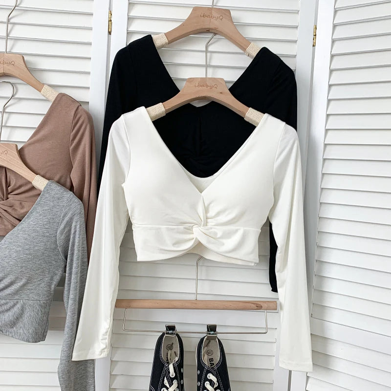 t shirt woman crop tops long sleeve kawaii T shirts built in bra women sexy top harajuku korean fashion