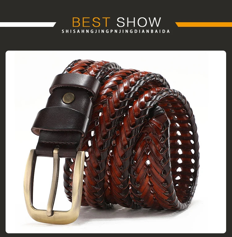 Men Genuine Leather Braided Belts Webbing High Quality Hand Vintage Belts for Men Gold Pin Buckle Casual for Jeans Strap HQ212