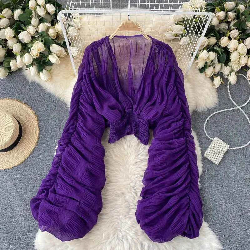 Summer Sexy Draped Chiffon Blouse For Women Elegant V-Neck Puff Long Sleeve Short Tops Female Slim Party Shirts 2022 New Fashion