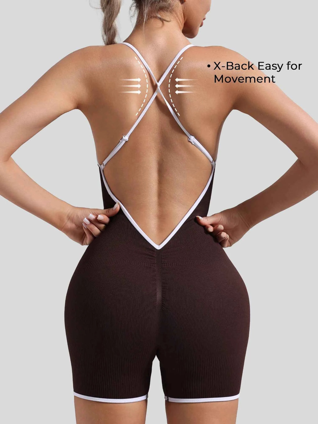 Women Seamless Quick-Drying Cross-Back Design Jumpsuit  Contrasting Color Straps One-Piece Shorts