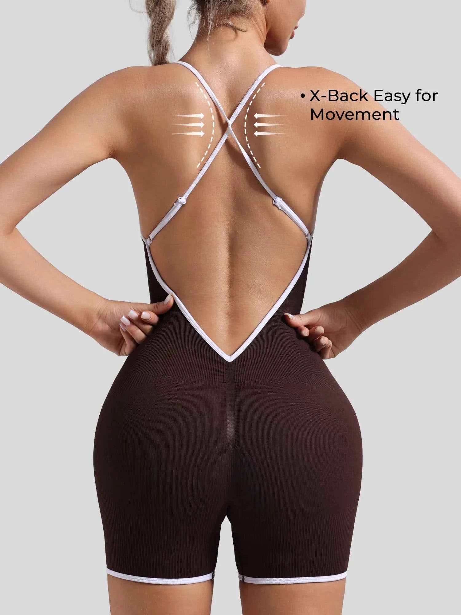 Women Seamless Quick-Drying Cross-Back Design Jumpsuit  Contrasting Color Straps One-Piece Shorts
