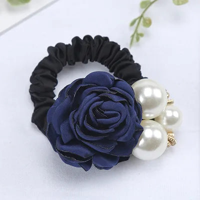 Fashion Women Rose Elastic Scrunchies Hair Bands Big Flower Rhinestones Pearls Flower Hair Rope Rubber Ponytail Hair Accessories