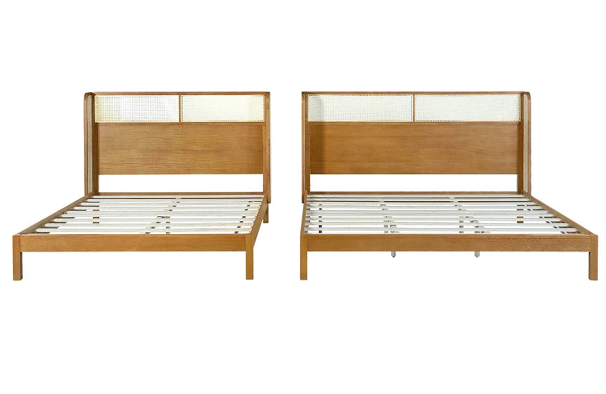 Teak Wood Platform Bed Frame  & King Size with Headboard Modern Soft Bed Eco-Friendly Convertible Natural Color