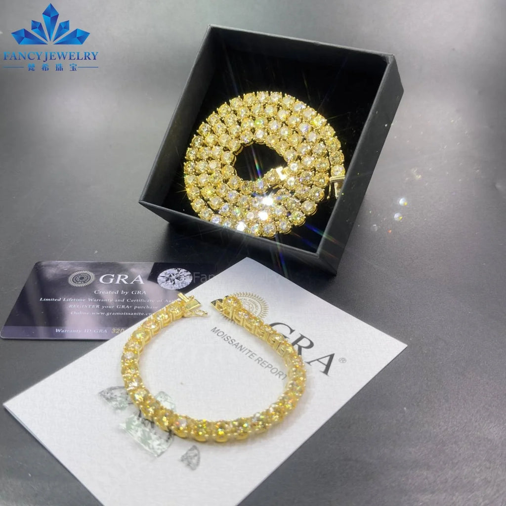 Hip Hop Jewelry Sterling Silver 14K Yellow Gold GRA 3mm 4mm VVS Diamond Chain Yellow Moissanite Tennis Chain