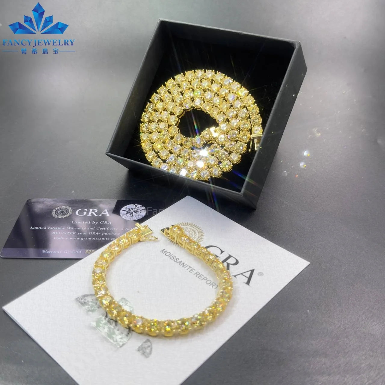Hip Hop Jewelry Sterling Silver 14K Yellow Gold GRA 3mm 4mm VVS Diamond Chain Yellow Moissanite Tennis Chain